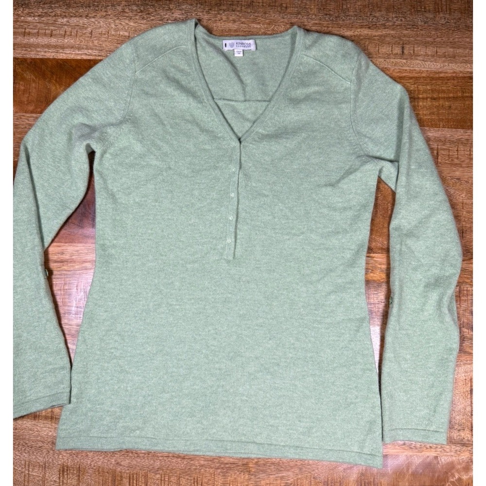 Kinross 100% Cashmere Sweater Womens M Green Henley Roll Tab Sleeve Soft
